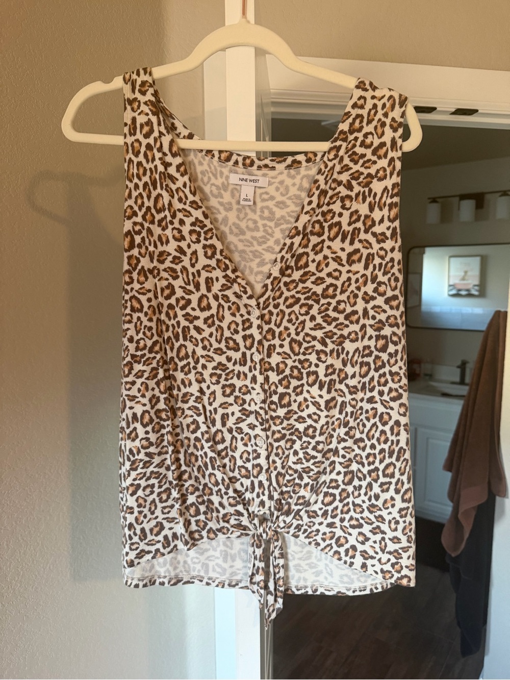 Nine West Leopard Print Tie-Front Tank Top - Brown/White